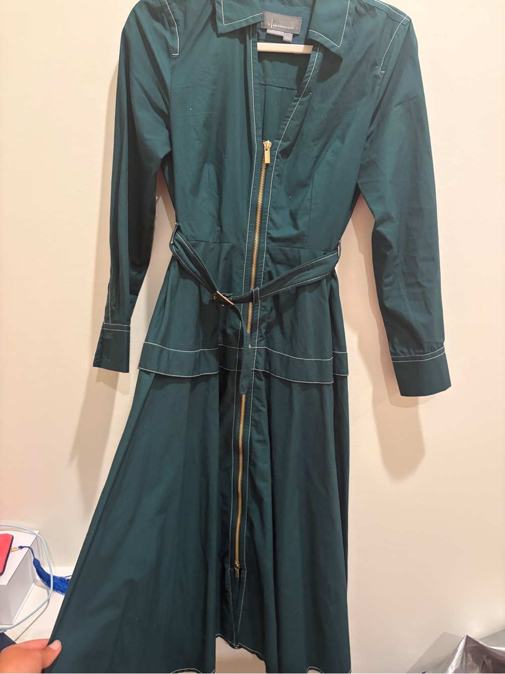 Anthropologie Long-Sleeve Belted Front-Zip Midi Dress - Picture 6 of 7